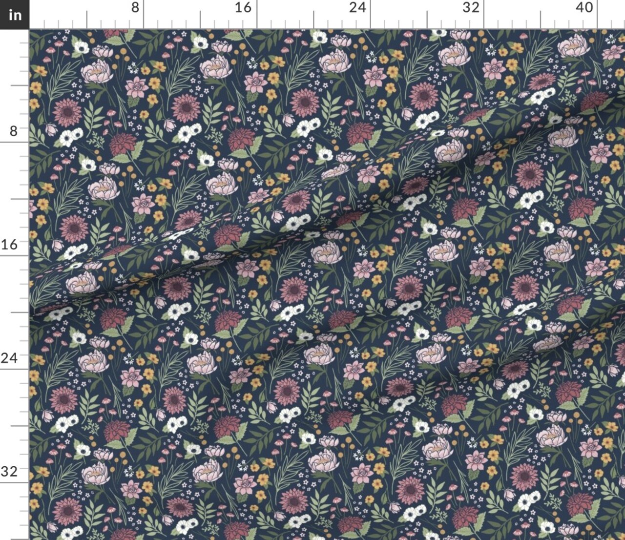Blue Floral Pink Flowers Boho Botanical Medium Scale Custom Printed Fabric by Spoonflower Various Fabrics by the Yard or Fat Quarter